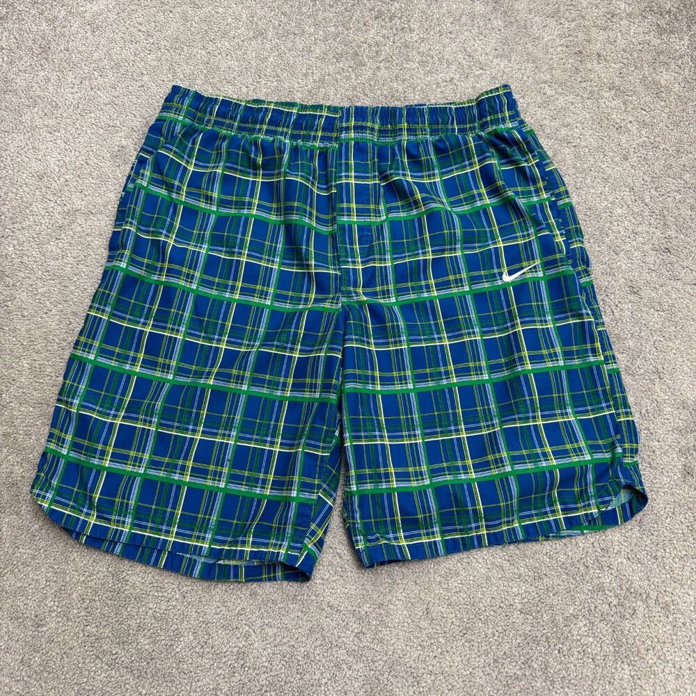 Nike Board Shorts Men Medium Blue Plaid Quick-Dry Polyester Elastic Waist Beach